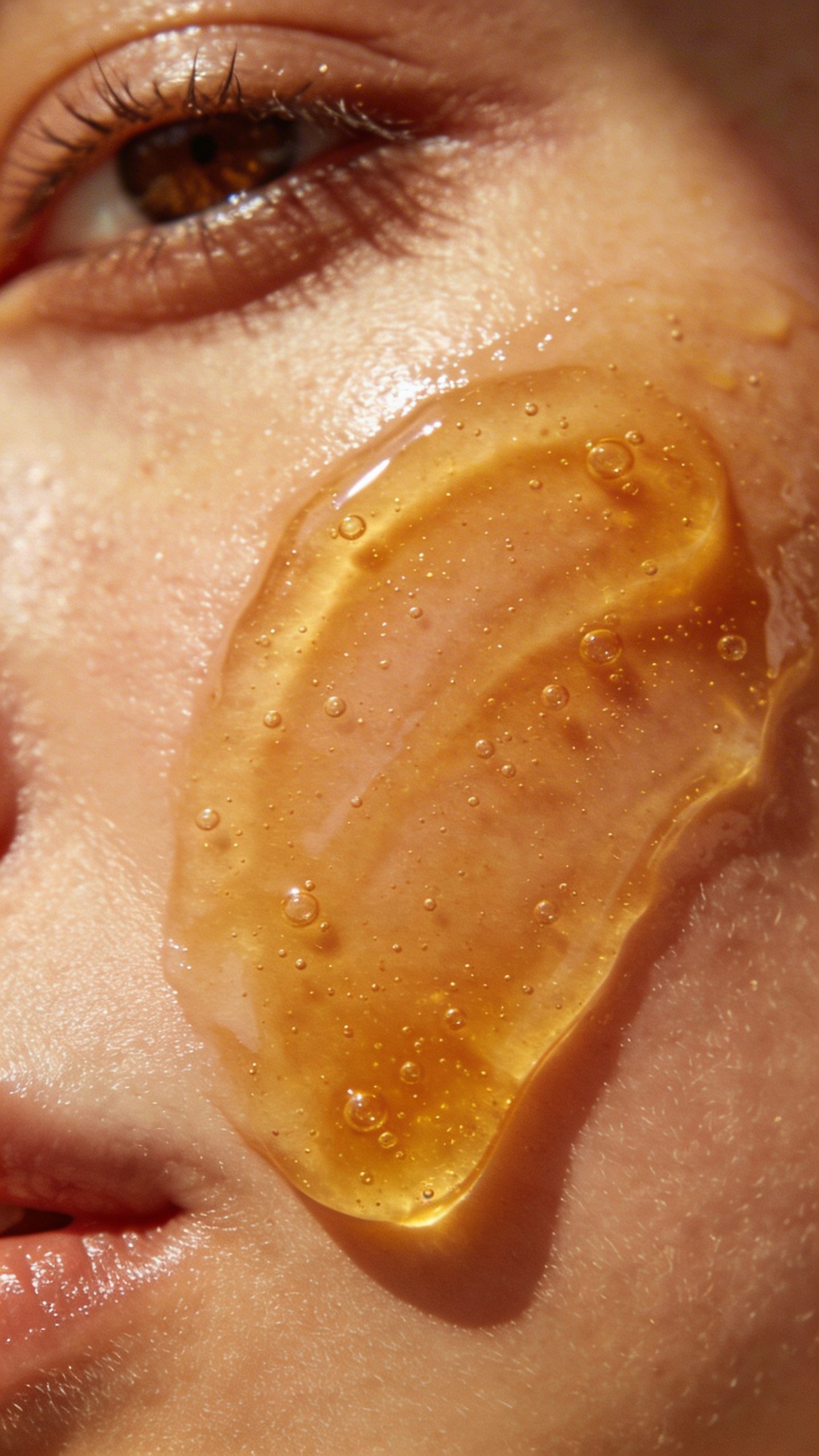 closeup of honey face mask on single cheek, soft daylight
