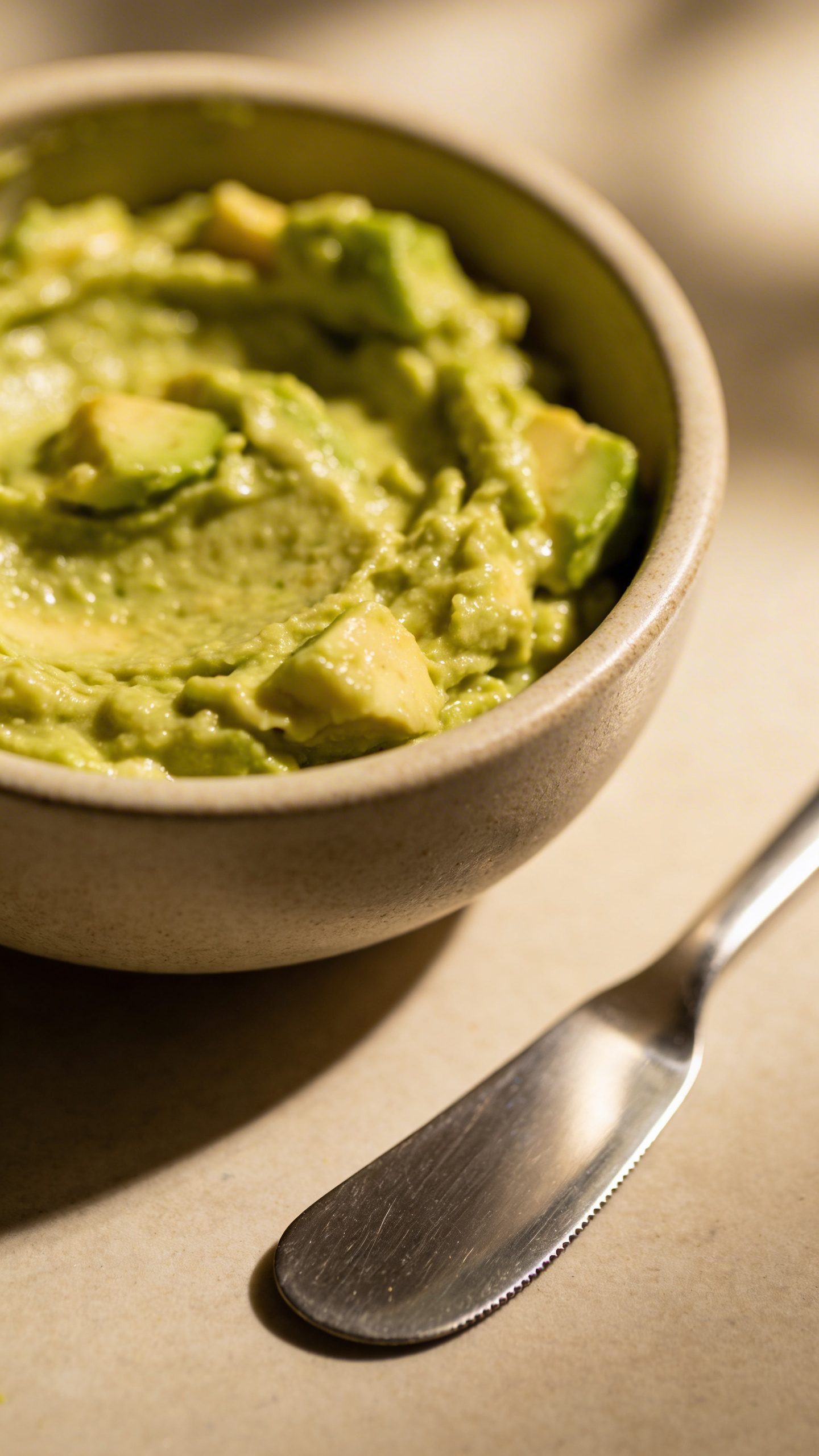 closeup avocado mash in ceramic bowl, skincare spatula beside