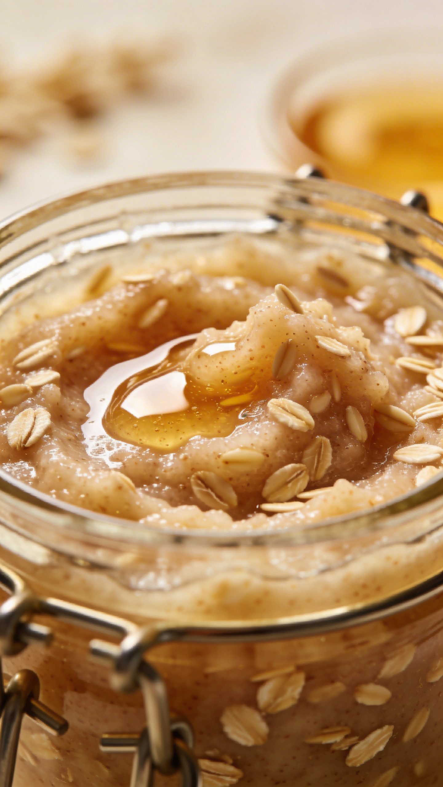 closeup jar of oatmeal-honey scrub for dry skin