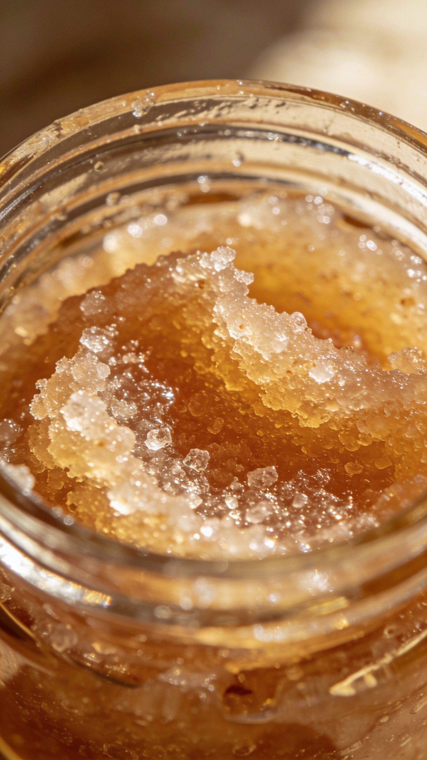 closeup of glass jar sugar scrub with visible crystals
