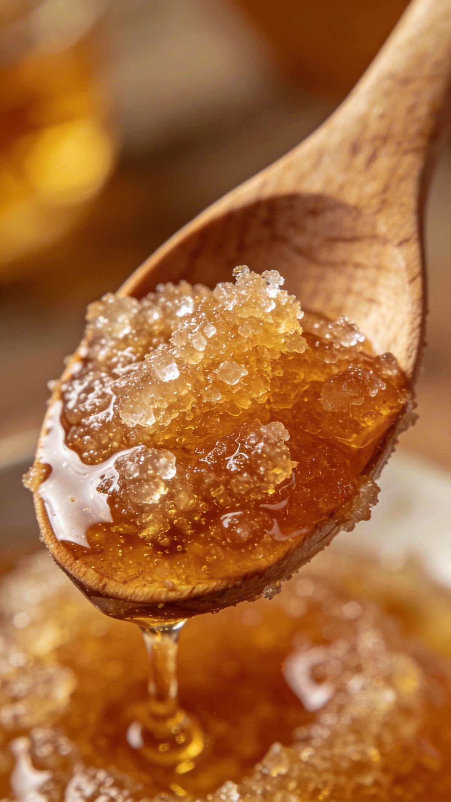 wooden spoon holding honey-brown sugar scrub, macro detail
