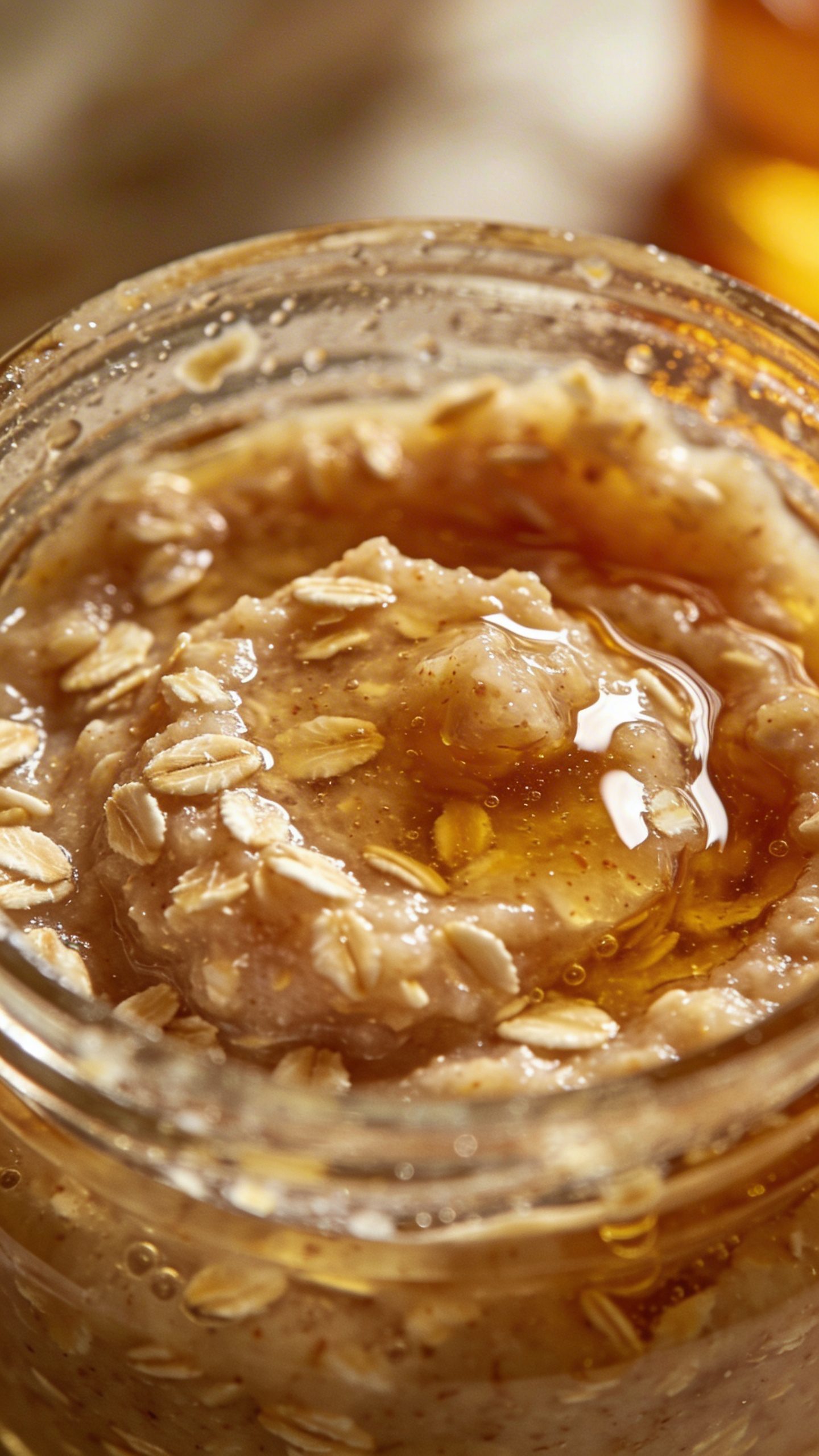 closeup of homemade oatmeal honey face scrub in glass jar