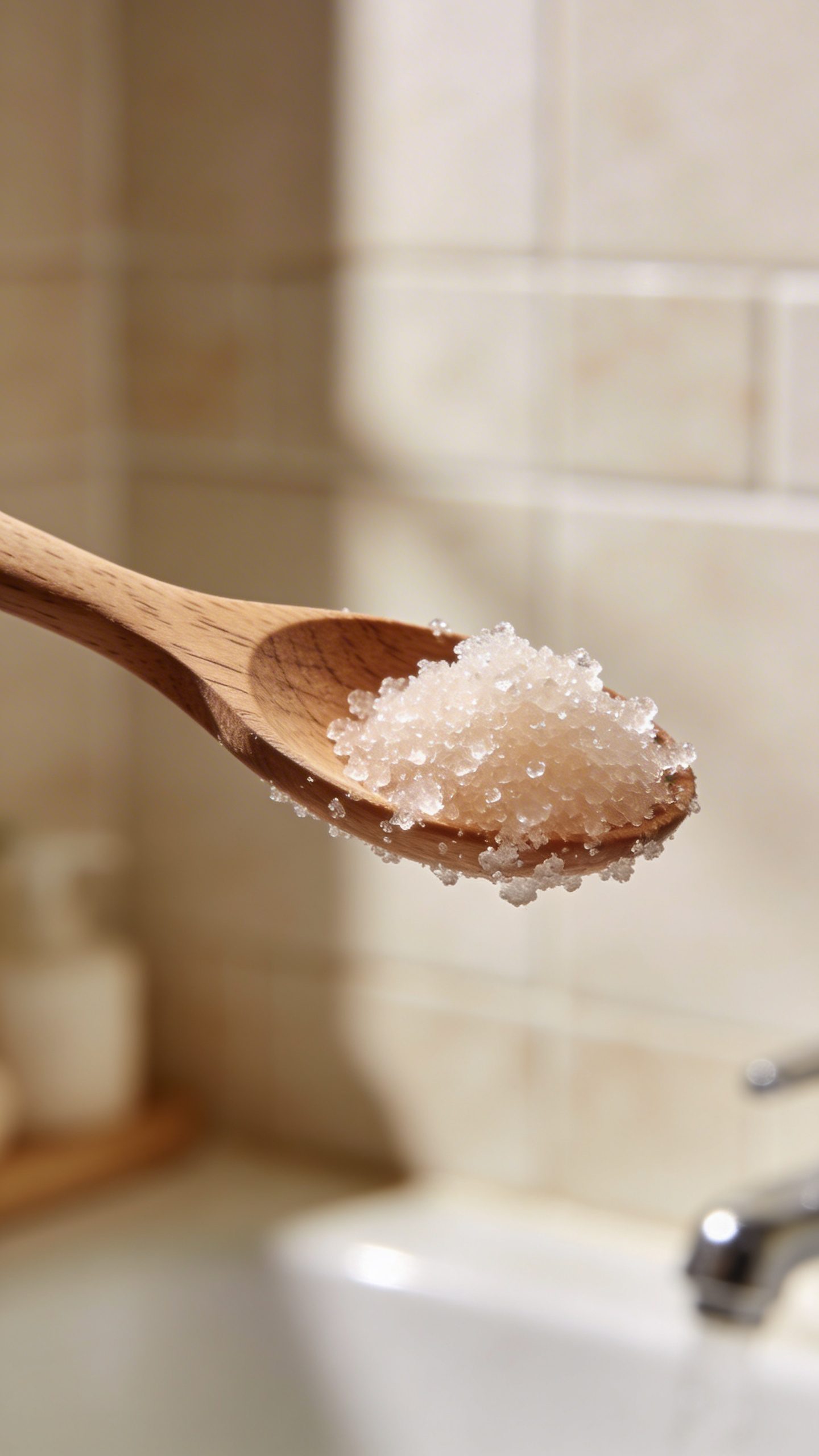 single wooden spoon with fine sugar scrub, soft bathroom light