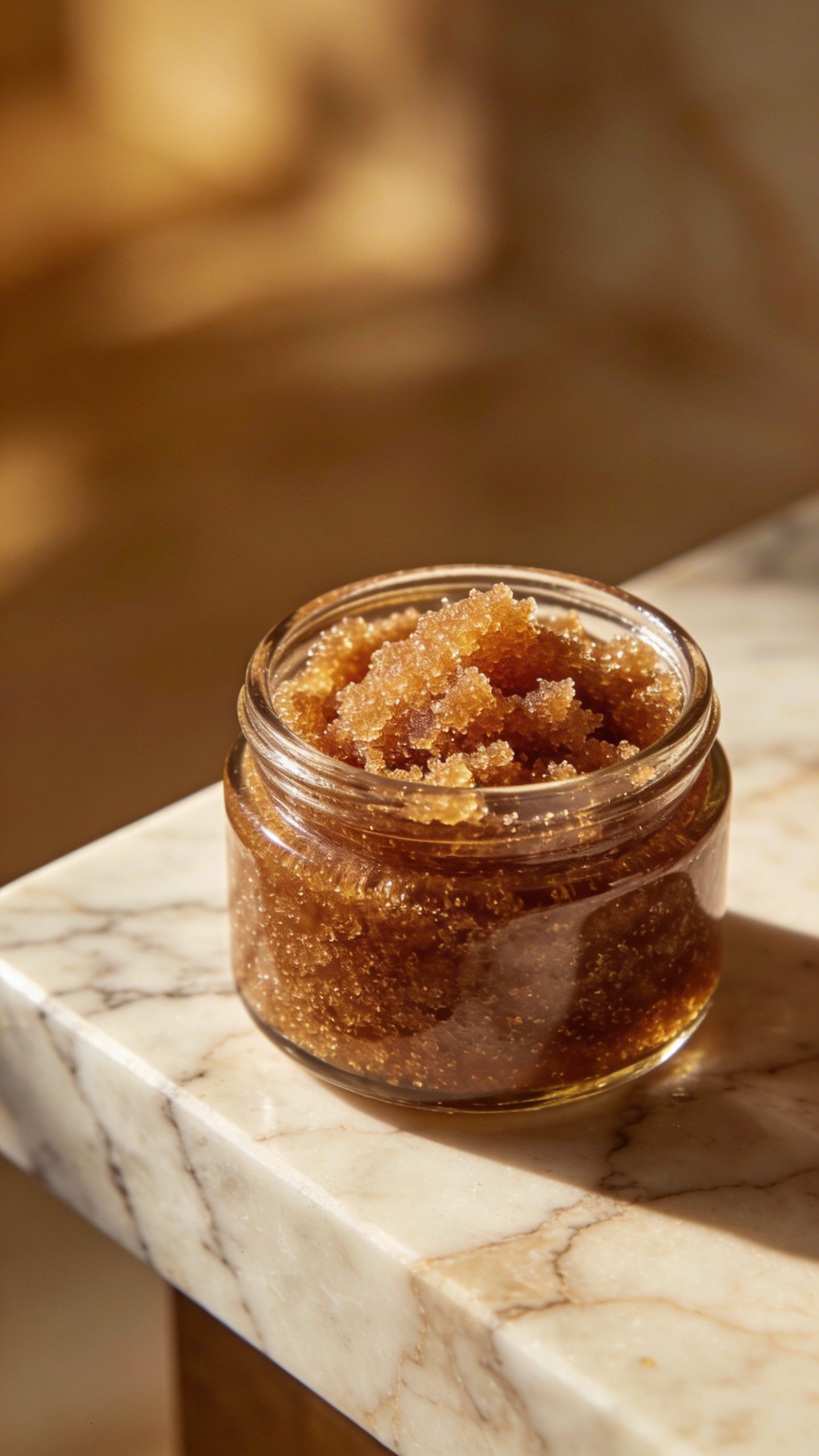 closeup glass jar of brown sugar body scrub on marble