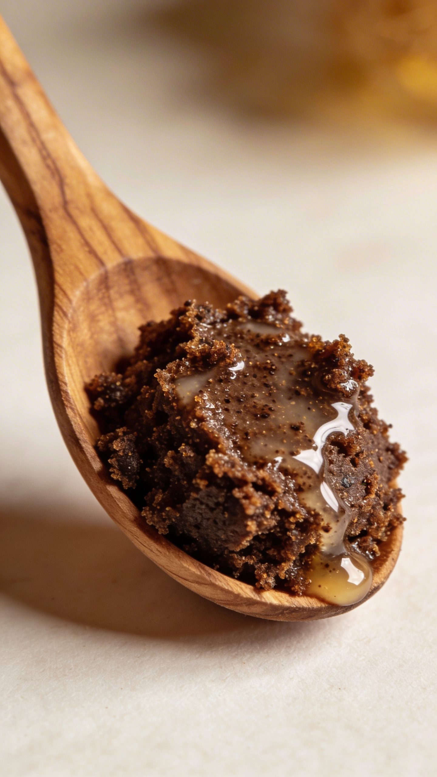 single wooden spoon holding coffee scrub with coconut oil sheen