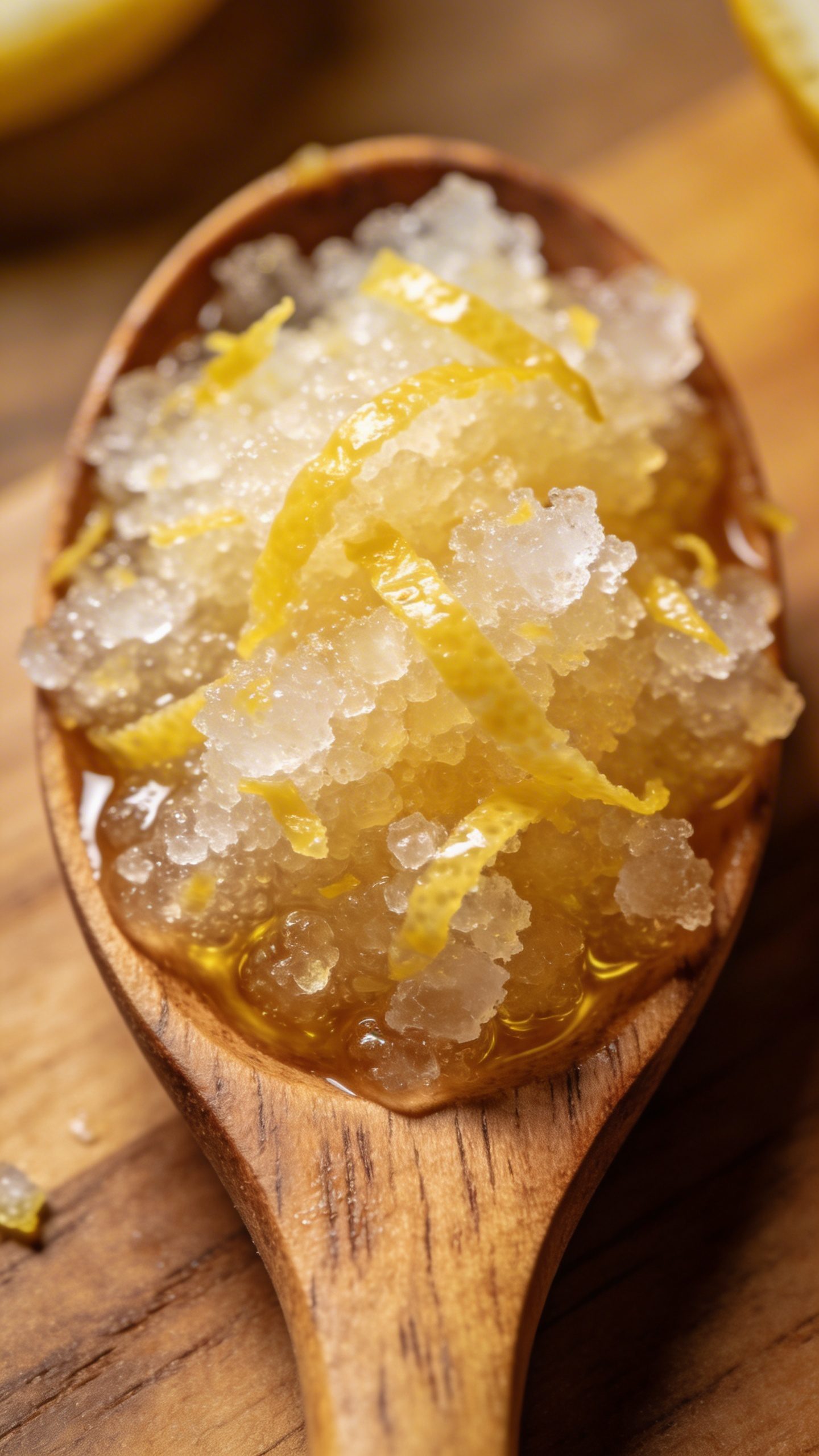 macro shot of lemon zest sugar scrub on wooden spoon