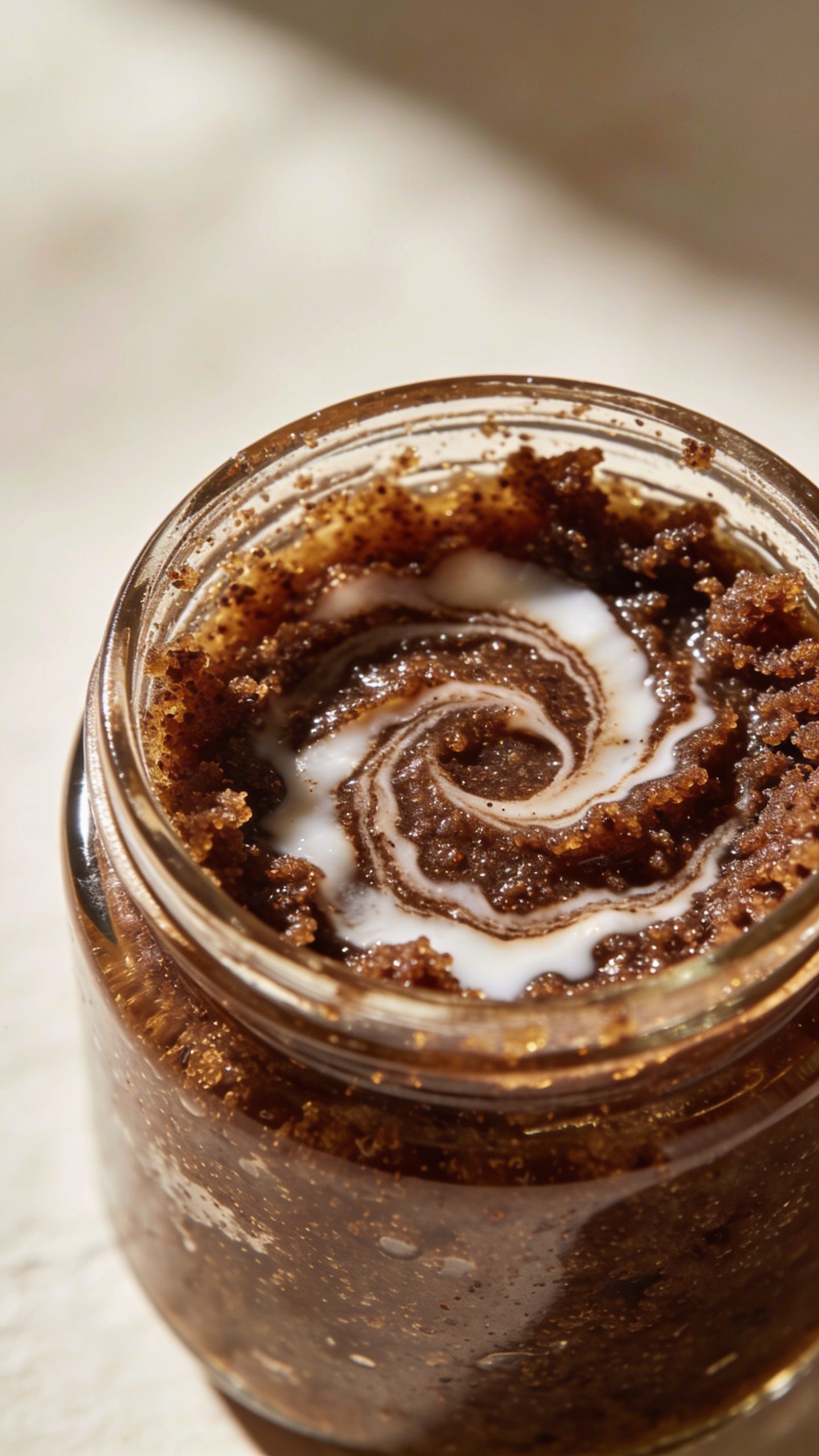 closeup jar of homemade coffee scrub with coconut oil swirls