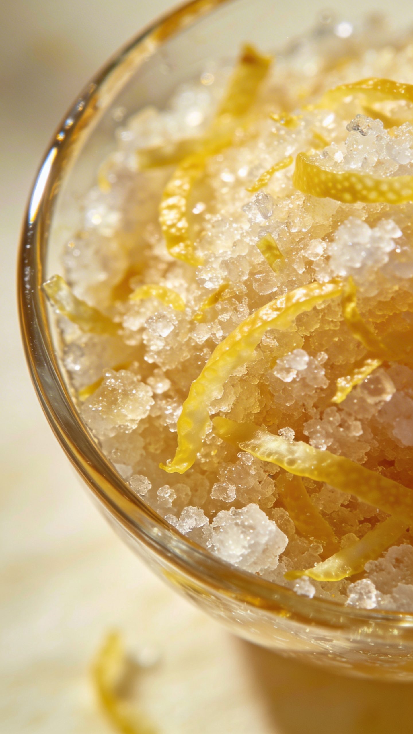 macro shot of lemon zest sugar scrub in glass bowl