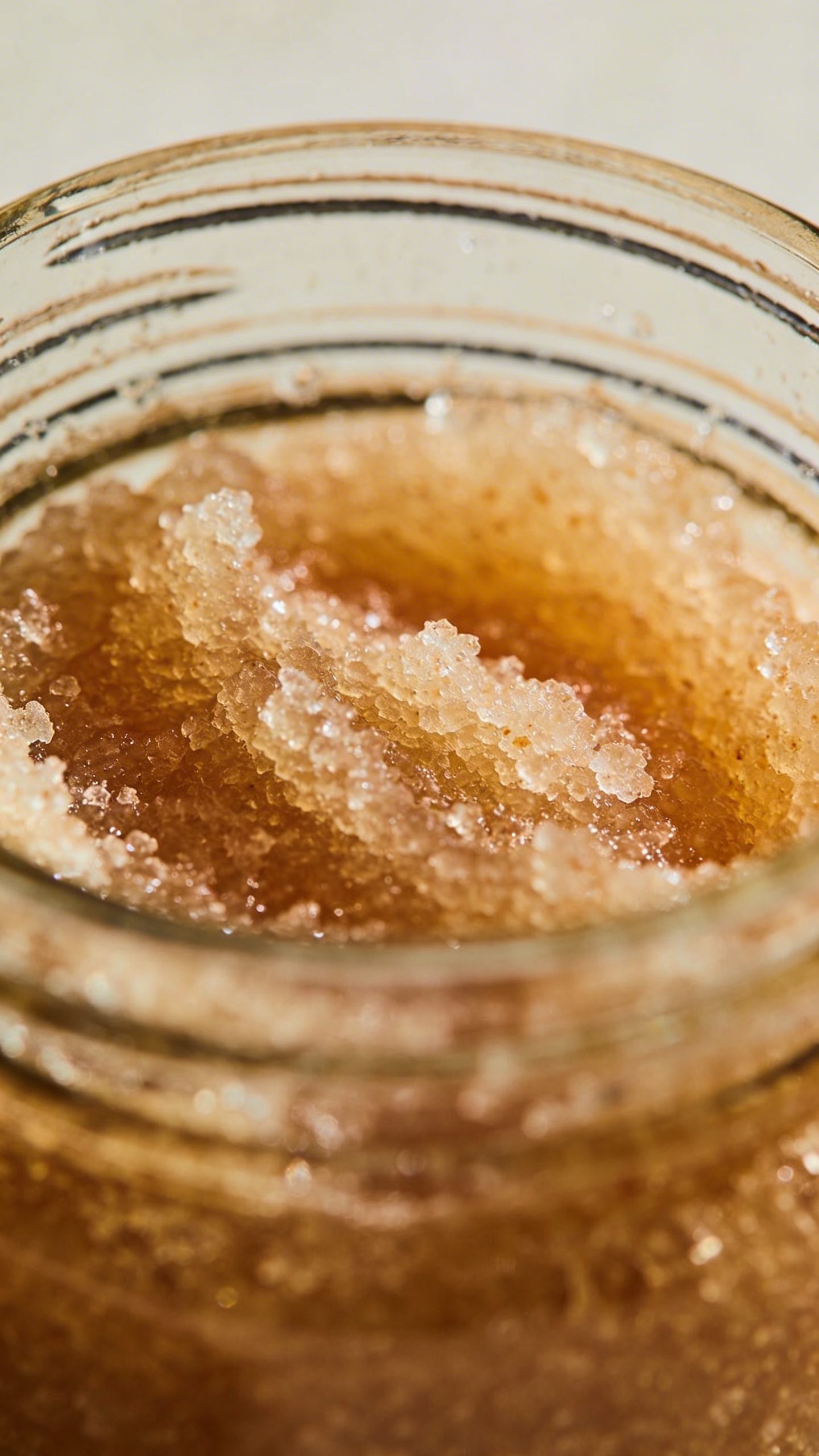 clear glass jar of homemade sugar scrub, closeup on granules