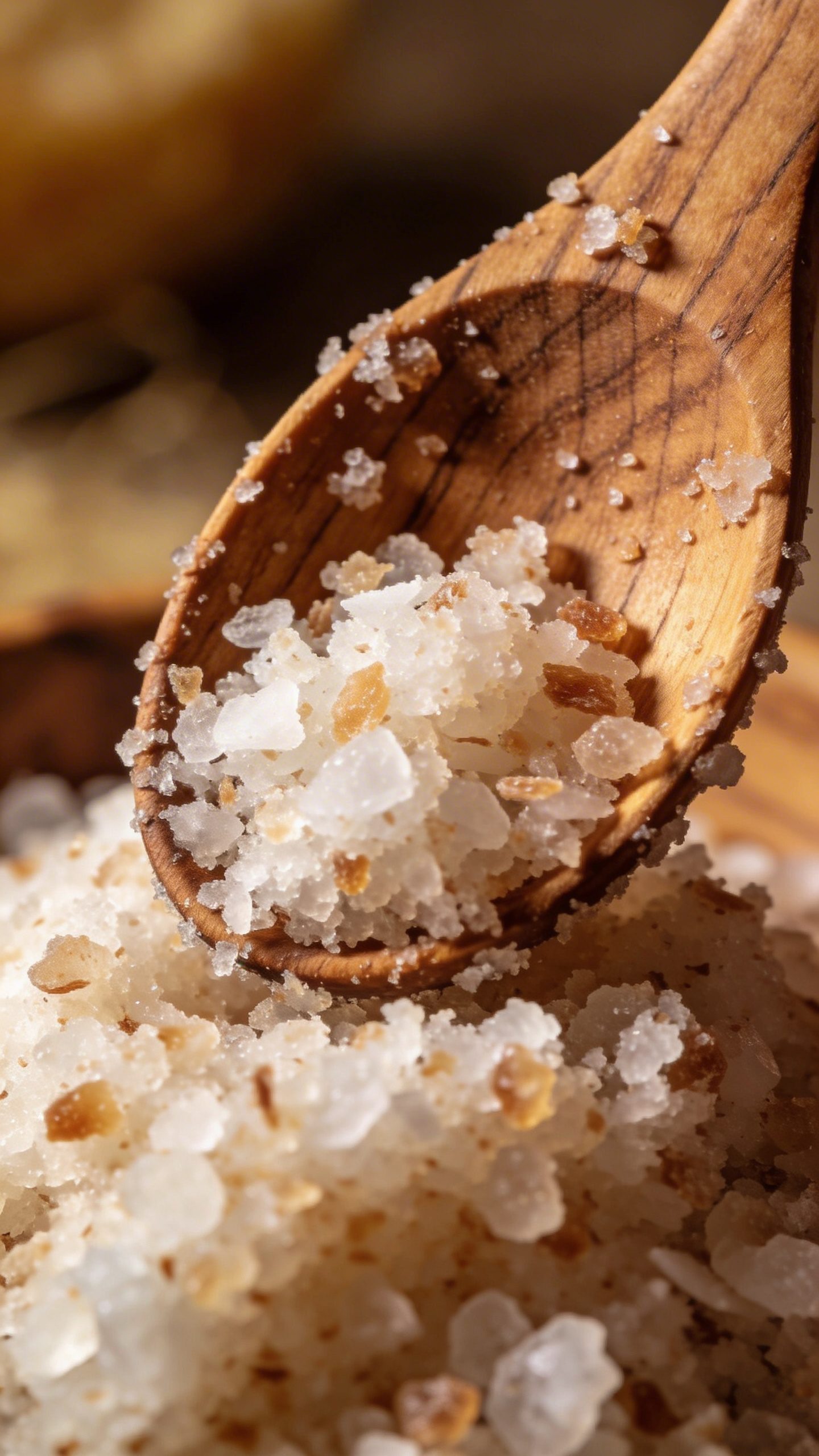 wooden spoon with coconut oil scrub granules, macro shot