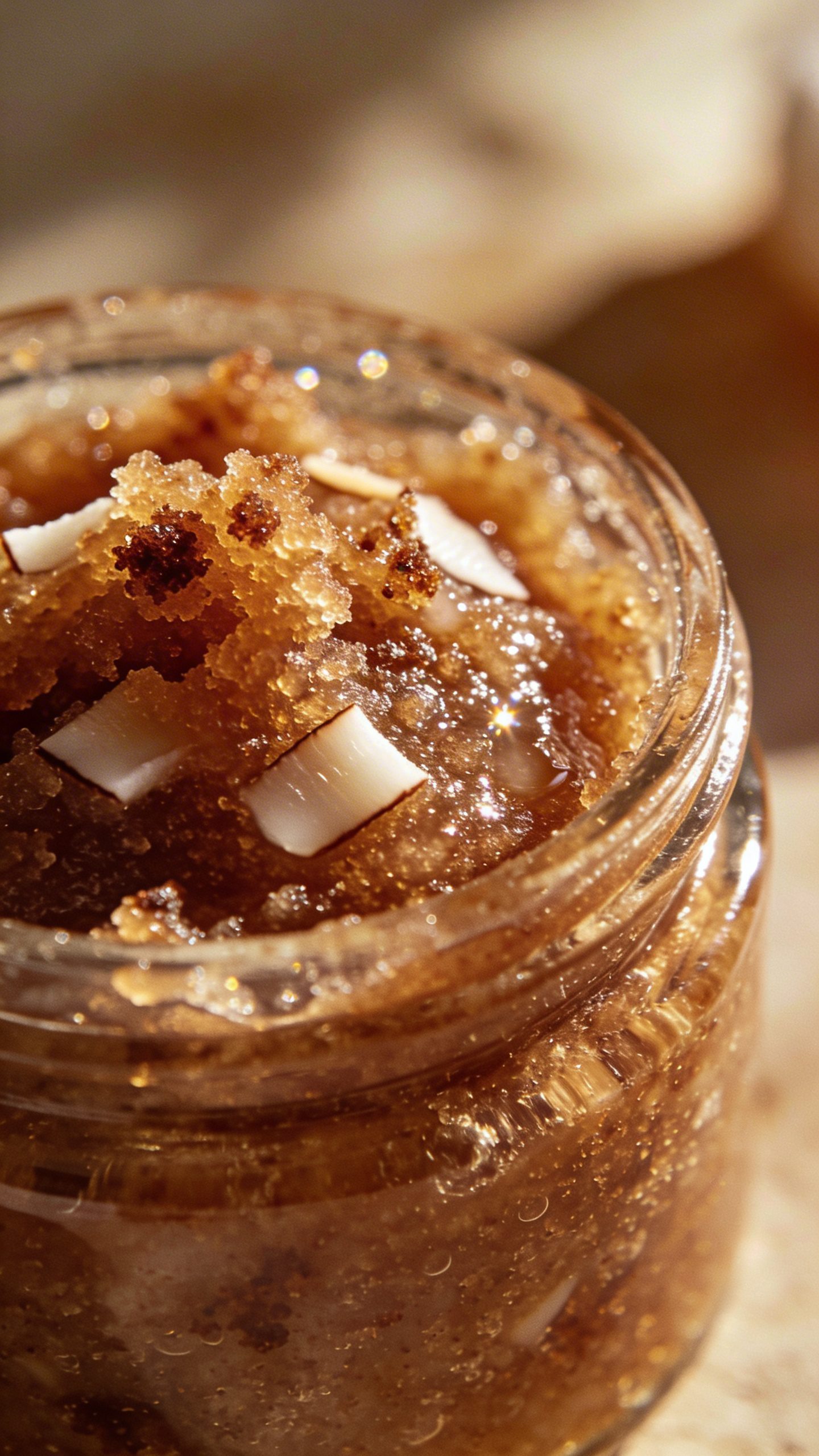 closeup jar of brown sugar scrub with coconut oil shimmer