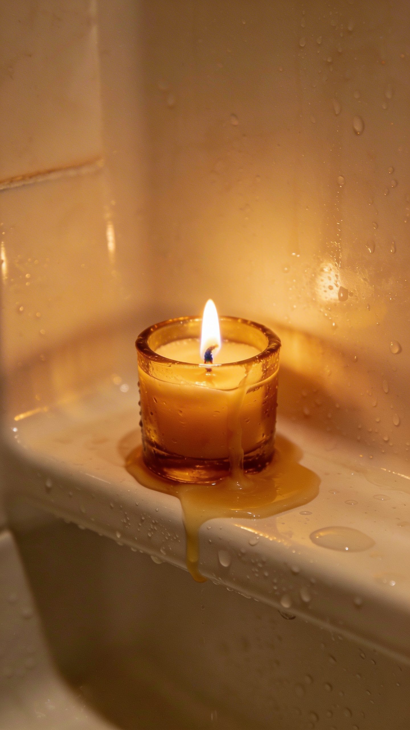 closeup of a single lit amber candle on shower ledge