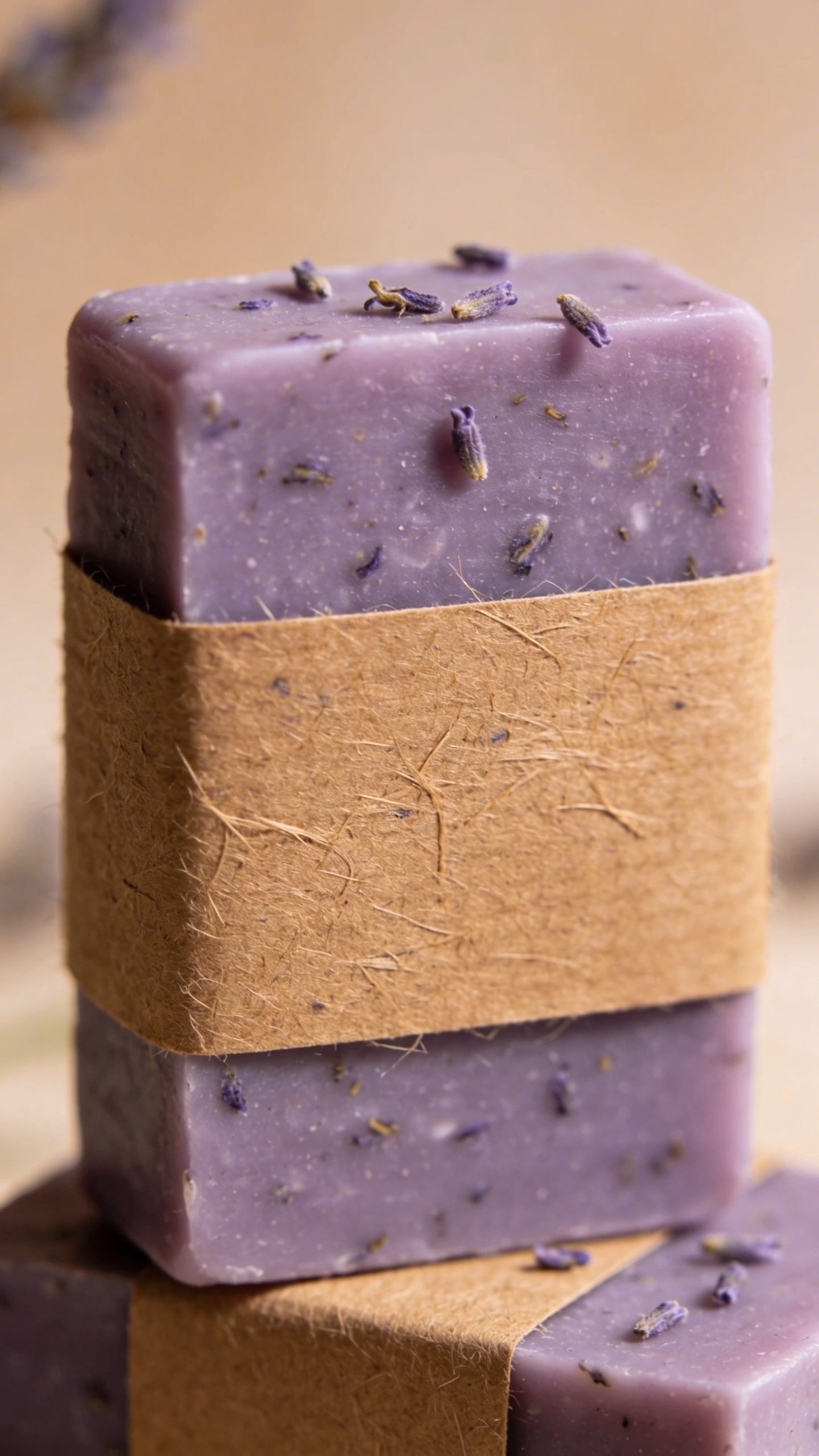 Closeup lavender soap bar with kraft paper belly band