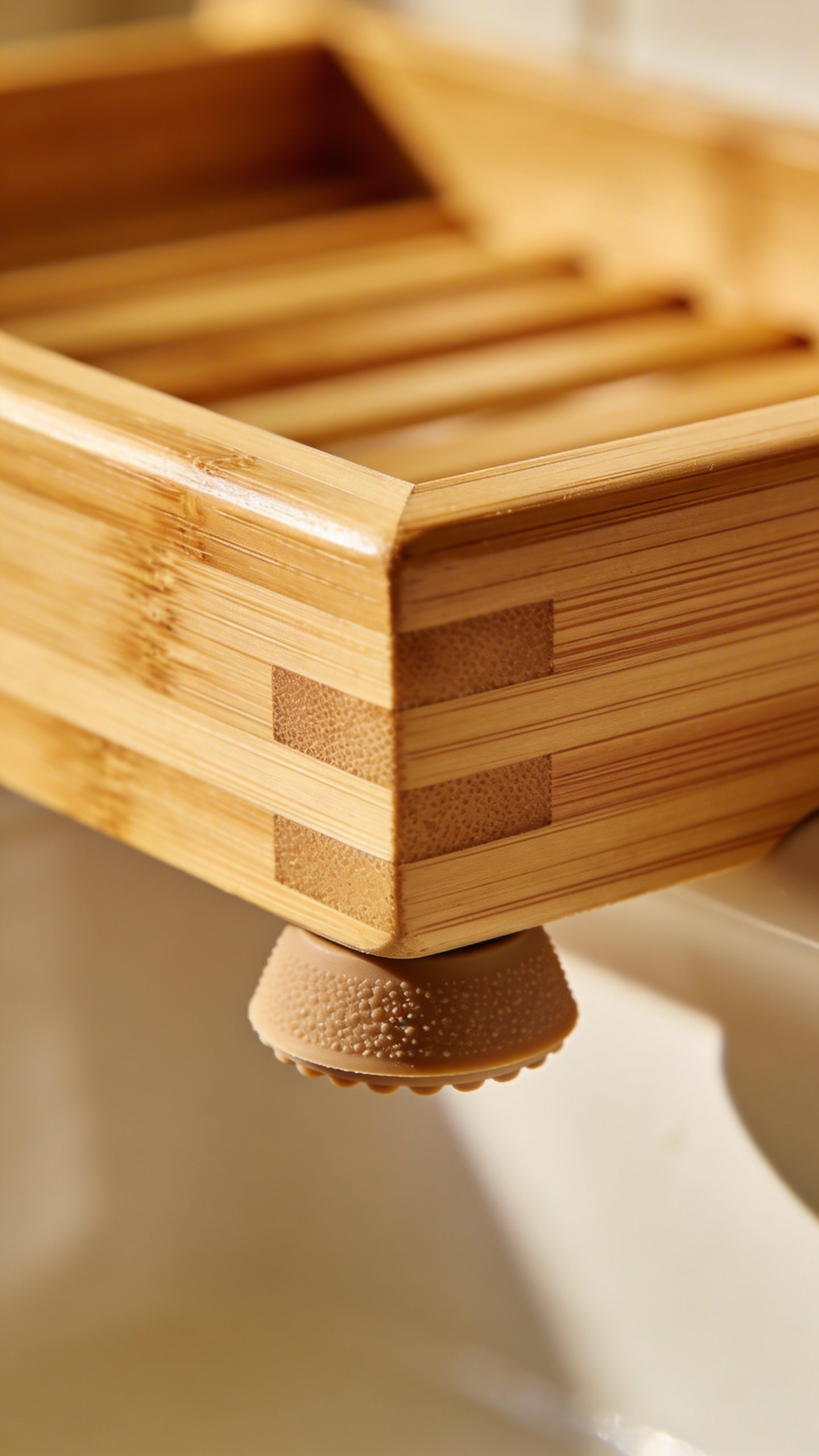 Closeup bamboo bath tray corner with grippy feet