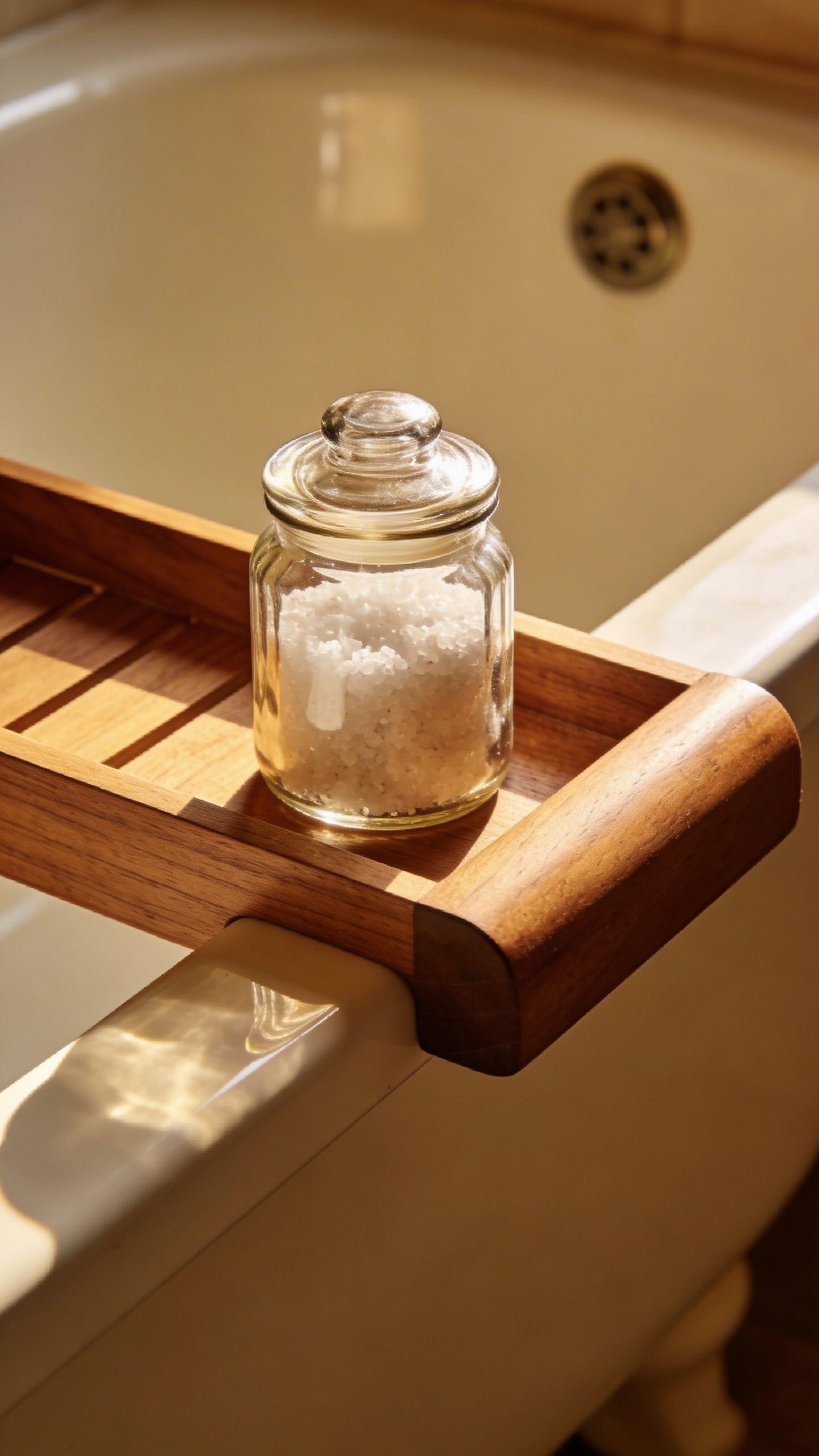 Teak bath tray edge holding sealed glass salts jar