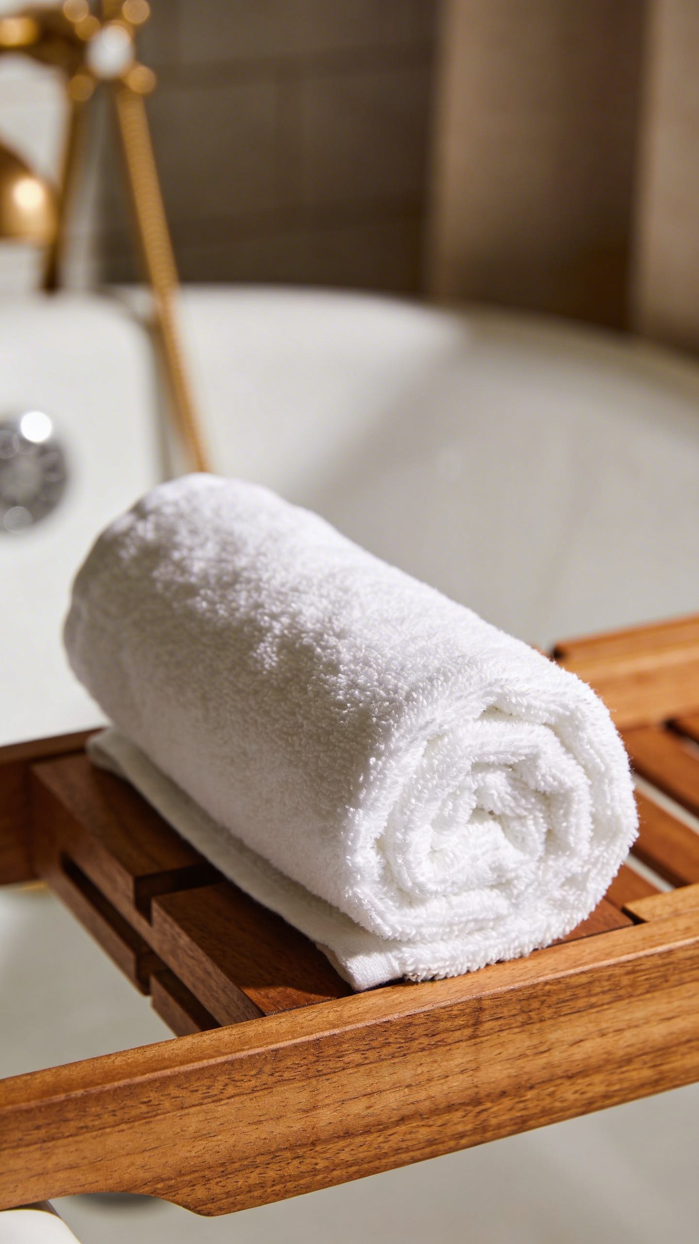 rolled white bath towel on wooden bath tray, closeup