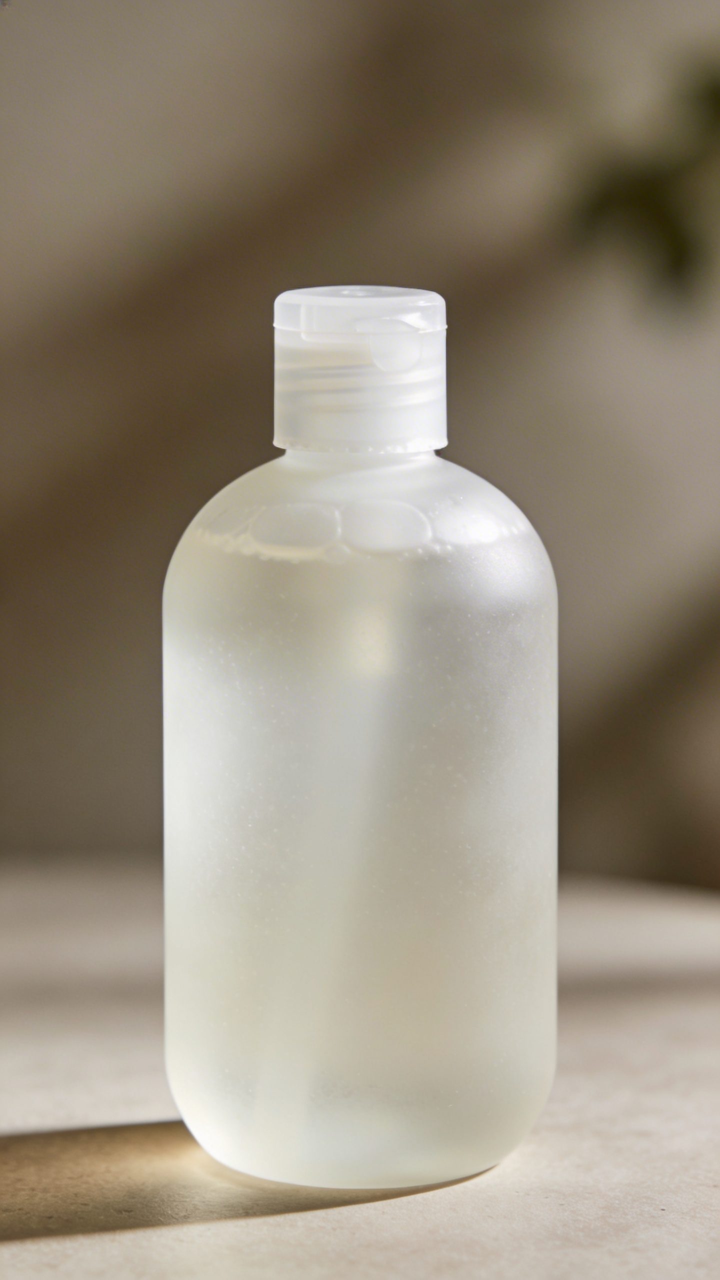 frosted glass body wash bottle, citrus-herb label, closeup