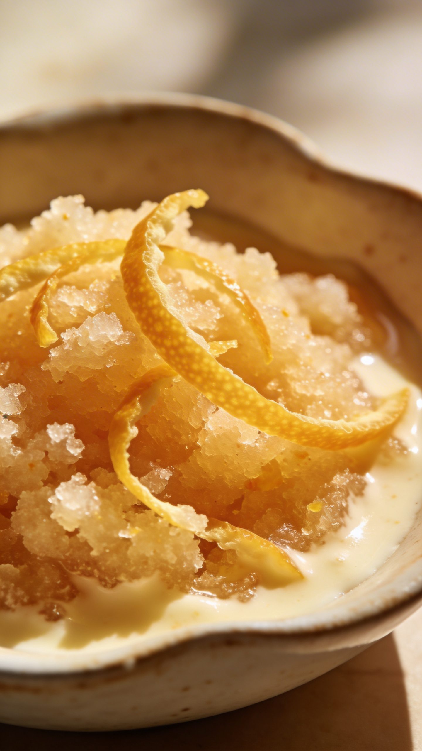 macro shot of citrus body scrub in shallow ceramic dish