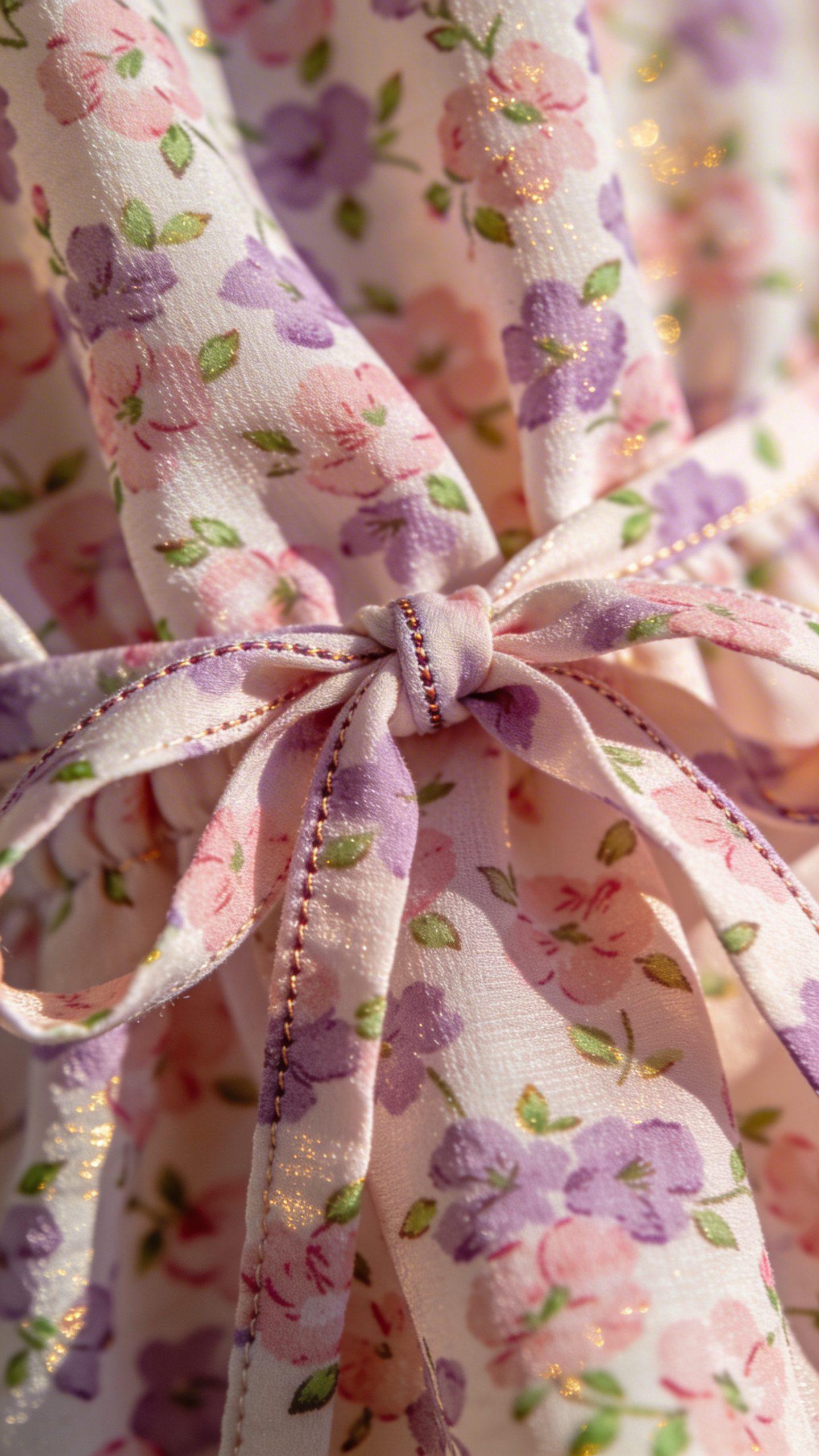macro shot of ditsy-floral wrap dress fabric and tie