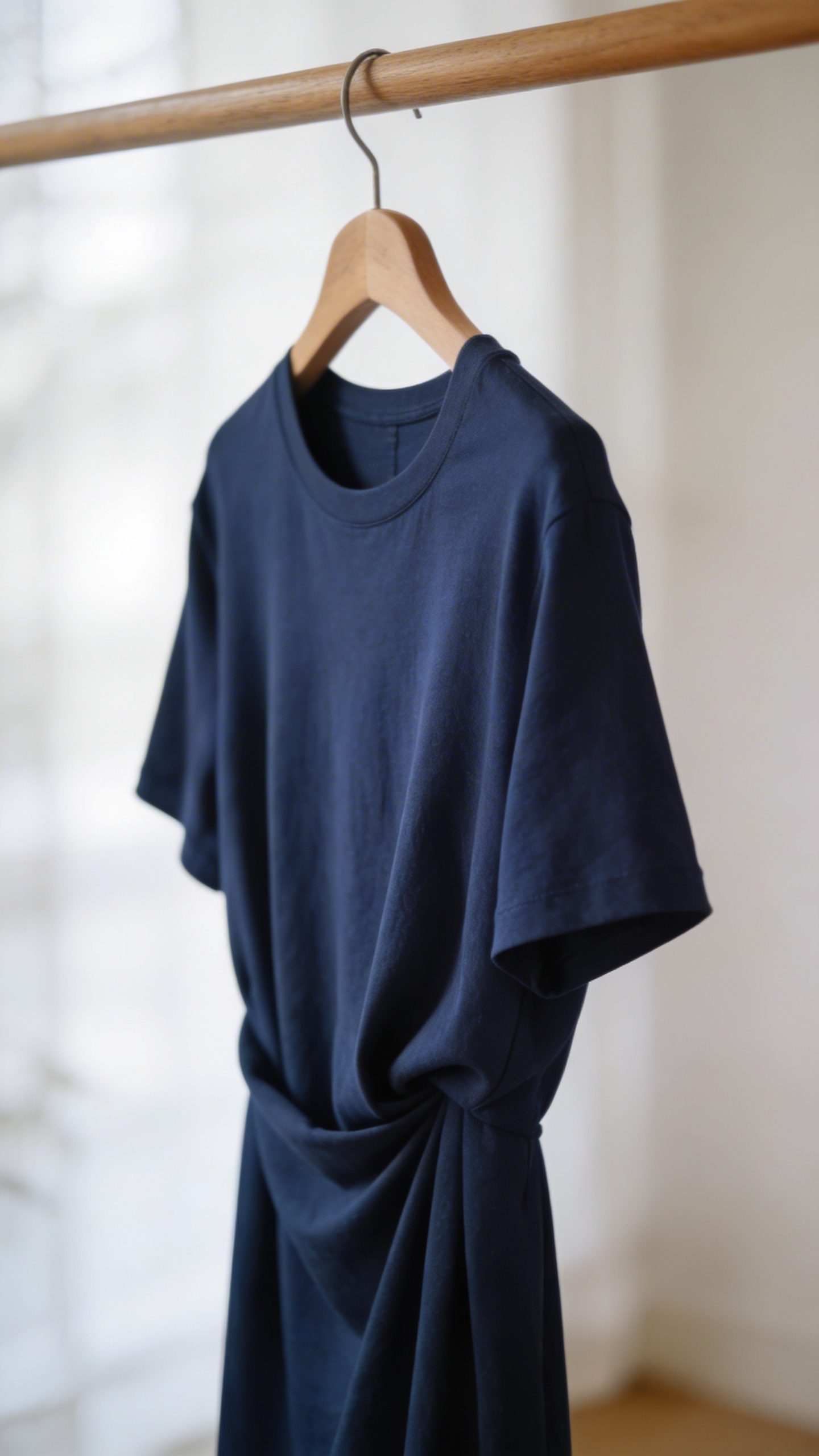 closeup navy t-shirt dress on hanger, soft natural light