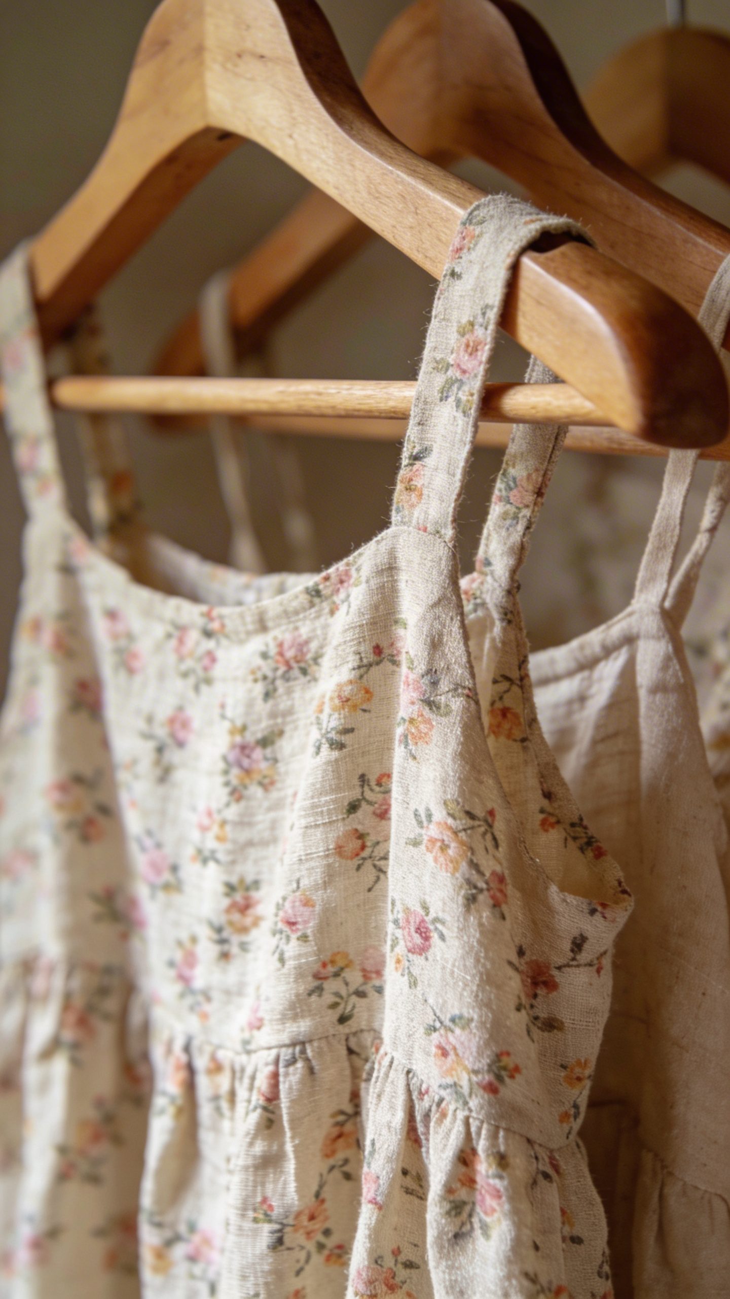 closeup linen floral sundress on wooden hanger, natural light