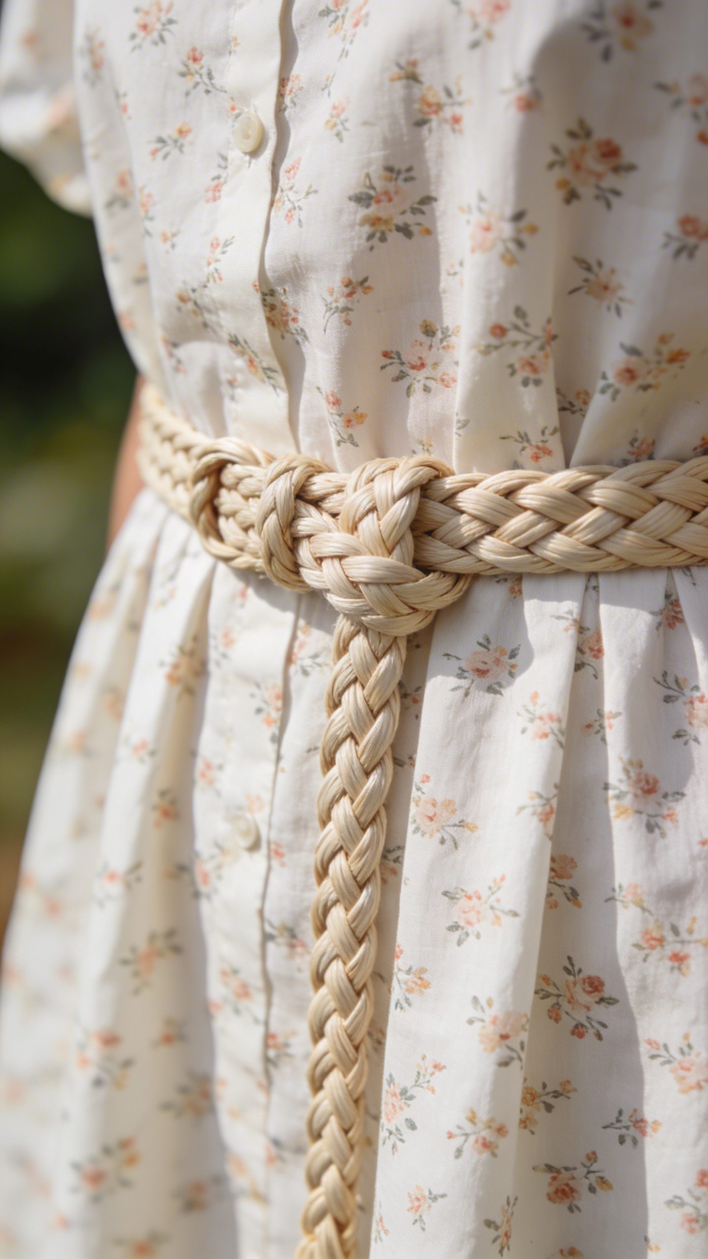 cotton poplin floral dress waist detail with braided belt closeup