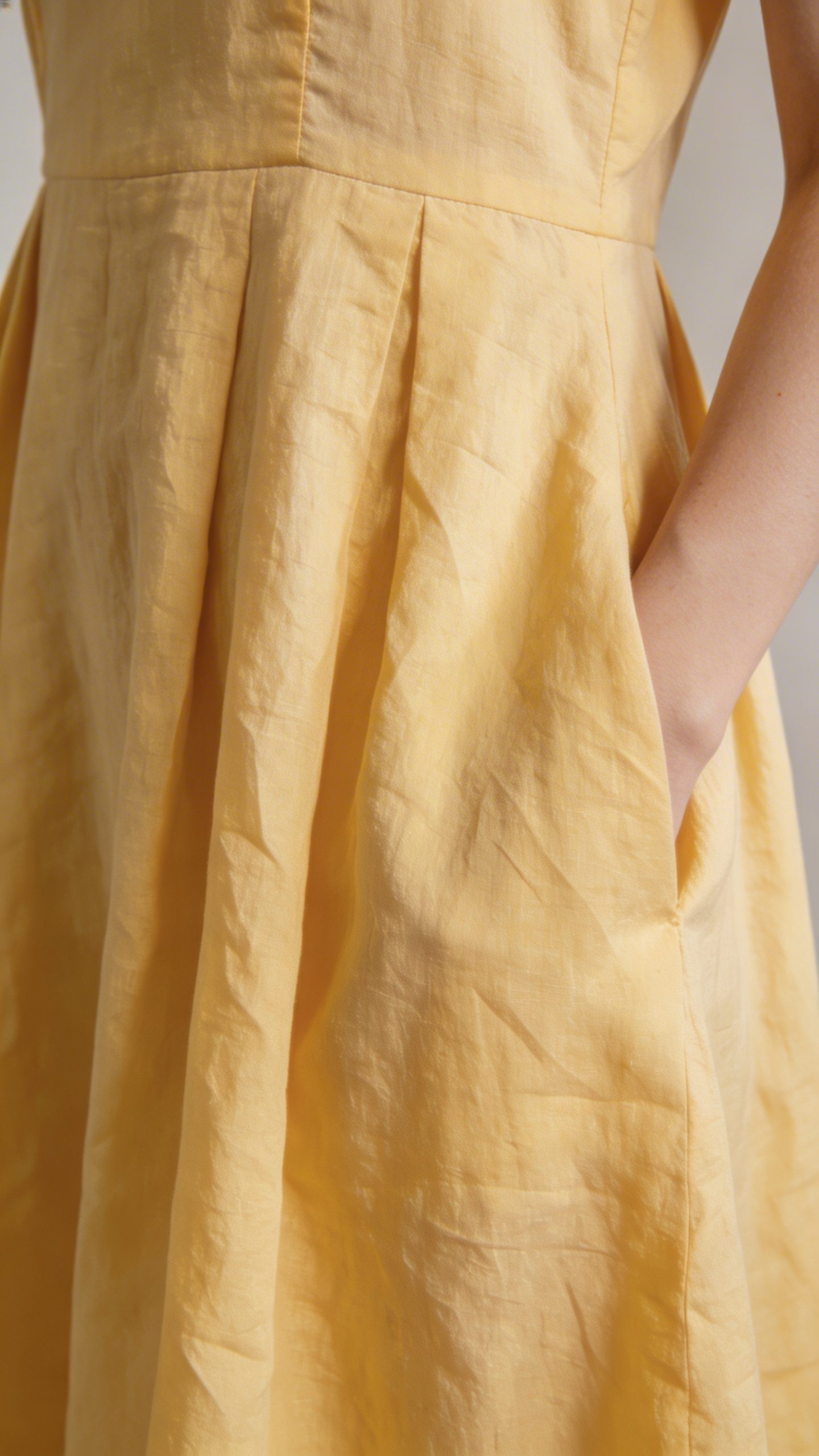closeup butter-yellow A-line dress in crinkled cotton, soft tailoring