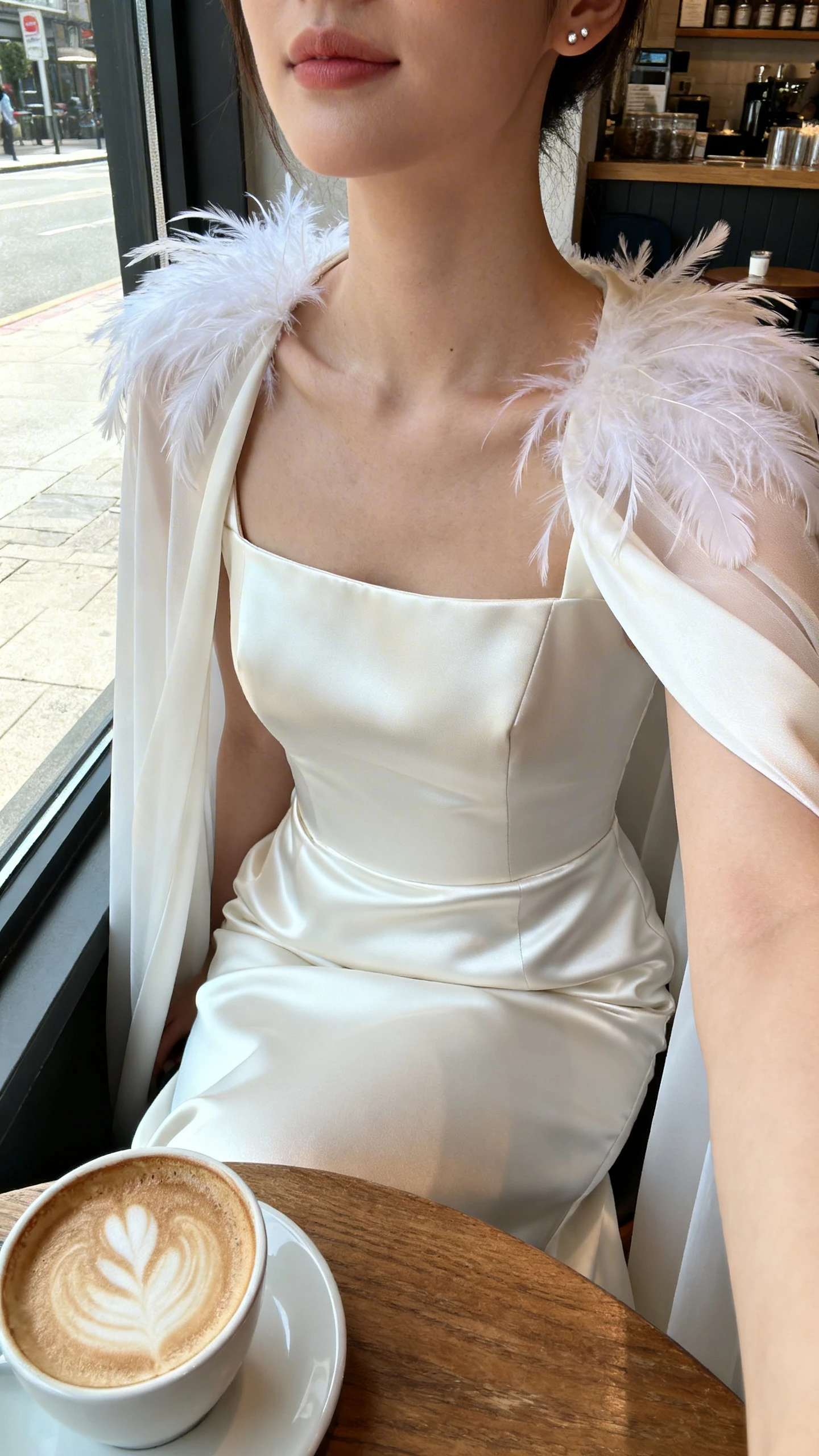 iPhone selfie cropped at neck showing a woman wearing a minimal column wedding dress with a featherlight cape, clean lines, satin finish, tiny stud earrings, face not visible, taken seated by a cafe window with a latte on the table, natural daylight, natural iPhone photo quality