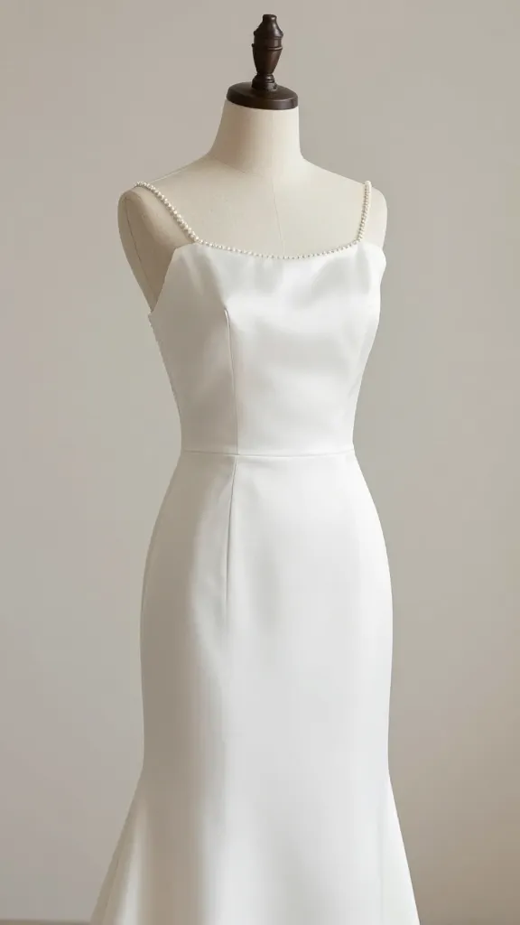 A minimalist wedding dress on a mannequin, featuring a single delicate beading line tracing along the neckline and a clean satin silhouette, soft natural light, neutral studio background