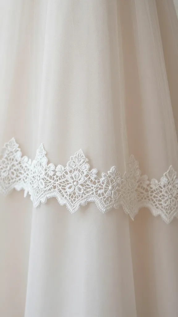 Close-up of a wedding dress hem with a tiny lace edge, intricate floral lace scallop along the bottom, sheer backdrop to highlight texture