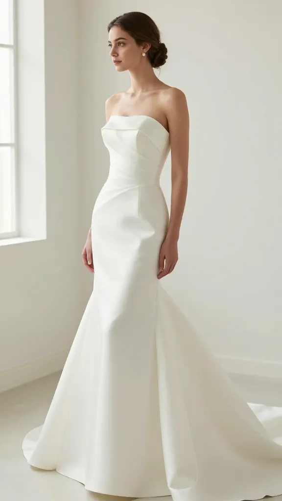 Side view of a strapless wedding gown with a sculpted neckline, subtle sculpted seam details, light catching the curves in a bright, airy room