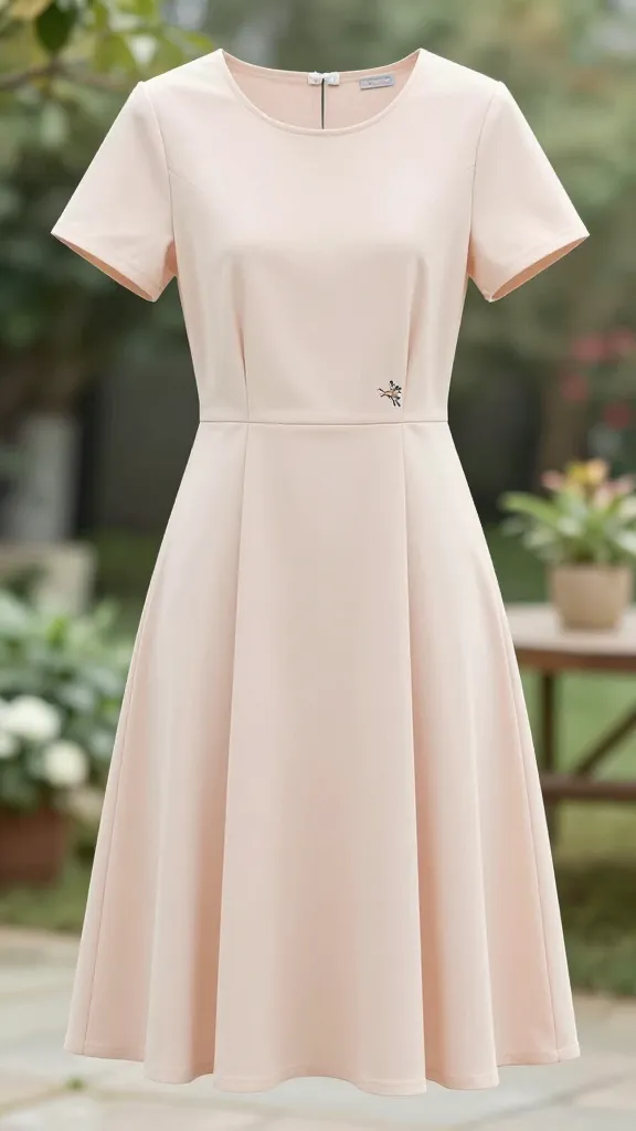 Full-length shot of a simple A-line dress with a tiny embroidered motif at the waist, faint blush undertone, softly blurred garden backdrop