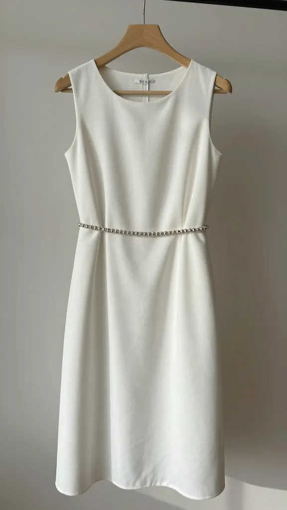 Dress on a hanger photographed in a sunlit room with a single small beaded belt or applique at the waist, focus on the tiny sparkle against plain fabric