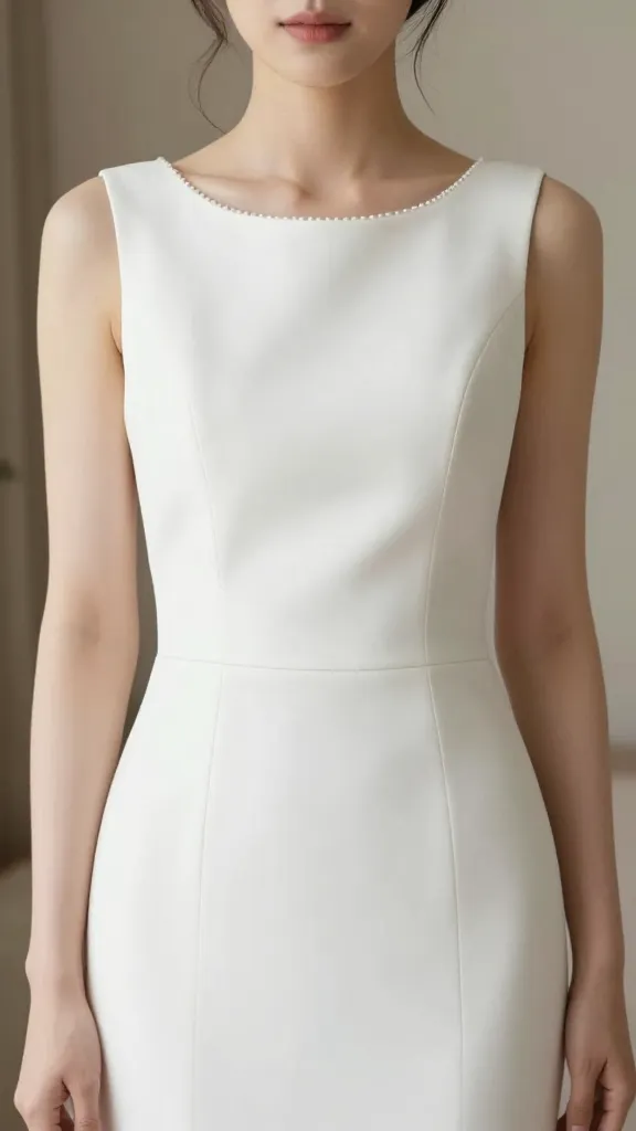 Head-to-toe portrait of a bride in a clean sheath dress with a minimal bateau neckline, delicate pearl-like edging along the collar, soft-focus background