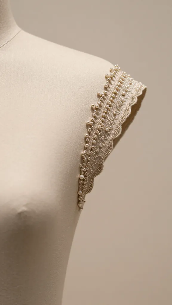 Close-up of delicate vintage-inspired edge detailing on sleeve or neckline, light reflecting off the tiny beads, museum-soft backdrop to emphasize detail