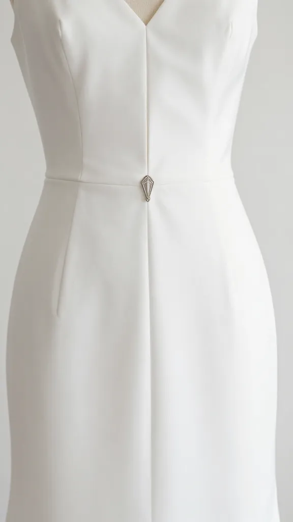 Natural-light studio shot of a simple wedding dress with a subtle art deco-inspired zipper pull or small metallic accent, clean lines, white backdrop
