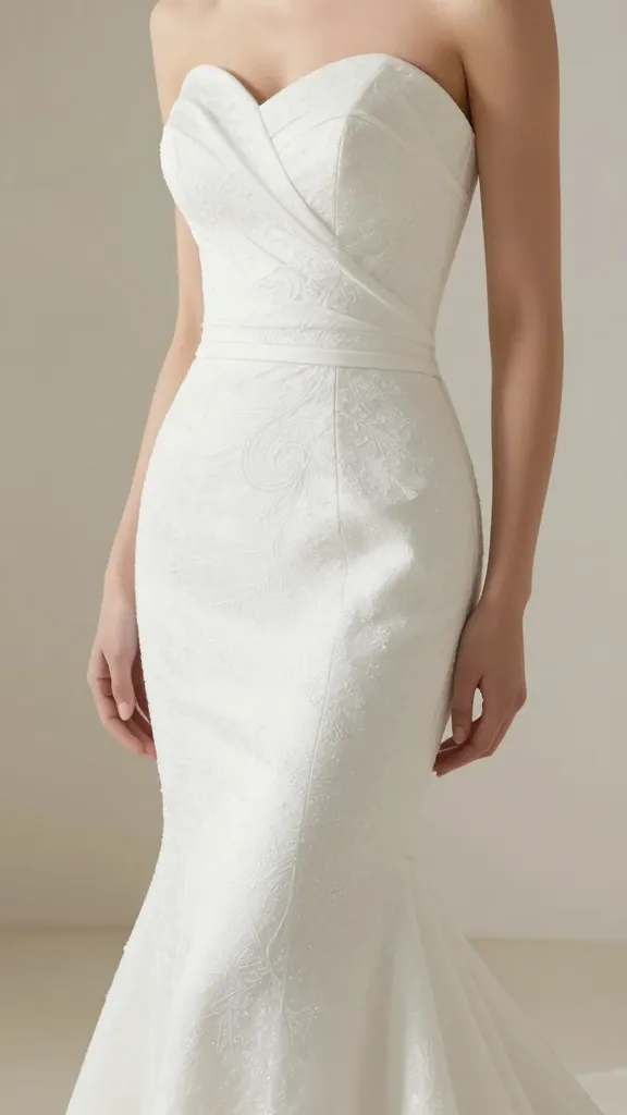 A close-up studio shot of a bride in a mermaid wedding dress, focusing on a perfectly fitted bodice and sculpted waist seam, with soft natural light highlighting the fabric texture and subtle beading, against a minimalist backdrop.
