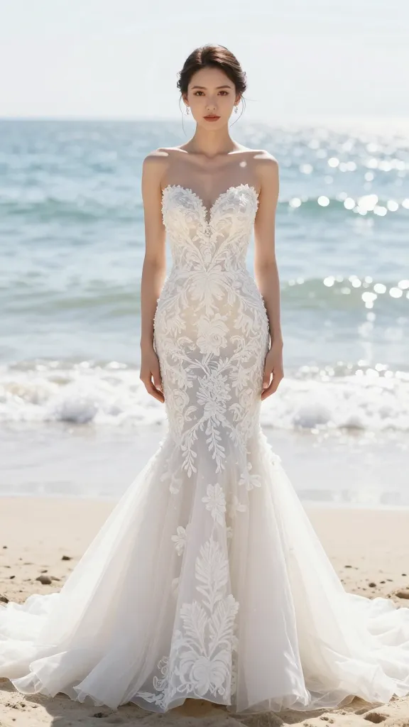 A full-length portrait of a bride in a mermaid gown, the skirt flaring dramatically just below the knee, posing in a sunlit seaside venue with gentle wave bokeh in the background.