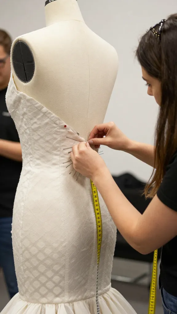 A candid backstage moment of tailoring: a seamstress pinning a mermaid dress on a dress form, showcasing precise seam placement and a waist-to-hip contour, with measuring tape and pins in view.