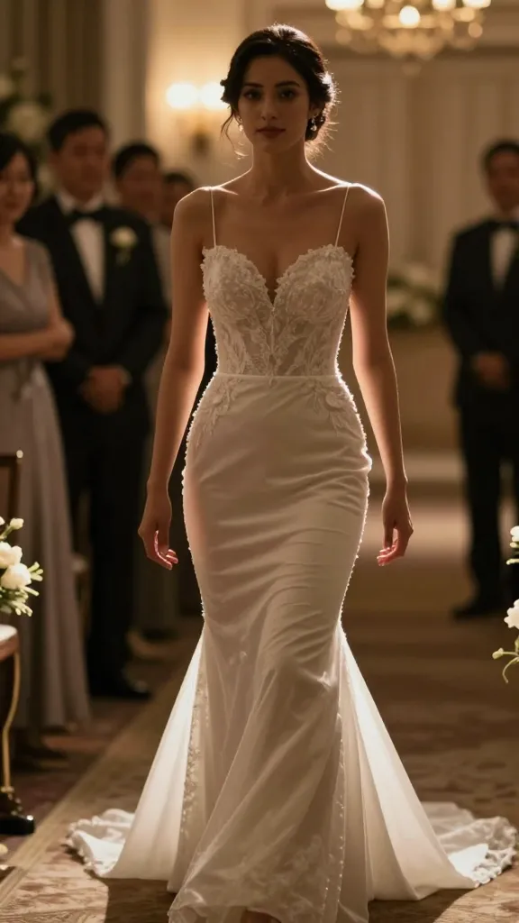 An editorial-style shot of the bride walking down an aisle in a mermaid dress, capturing the statuesque silhouette and confident pose, with guests softly blurred in the background and warm wedding lighting.