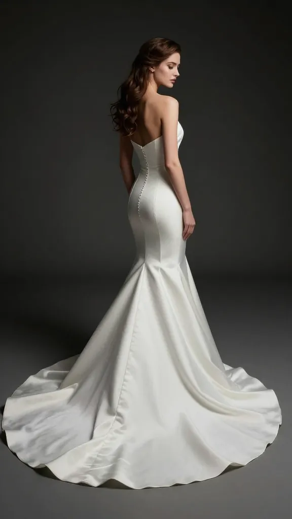 A dramatic side profile of the bride in a mermaid gown, highlighting the flare of the skirt and the smooth transition from fitted bodice to dramatic hem, under studio lighting that emphasizes fabric movement.