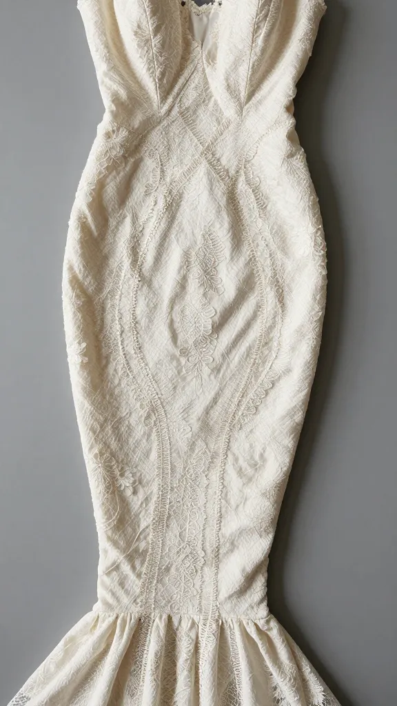 A shot emphasizing texture: a mermaid dress with subtle lace or embroidery along the bodice and down the hip, photographed overhead to showcase intricate details and craftsmanship.