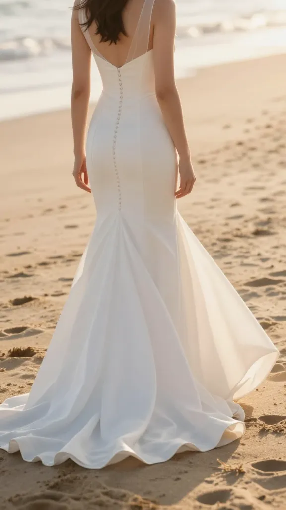 A beach wedding setup at golden hour: bride in a mermaid dress stepping onto the sand, dress trailing with elegant sweep and soft wind creating gentle movement in the fabric.