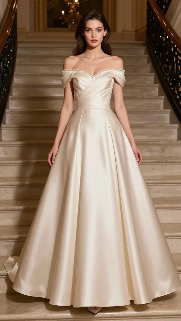 A debutante wearing a classic ballgown with a modern twist: soft champagne satin, full A-line skirt, off-shoulder sheer sleeves, subtle beading along the neckline, and a poised, gliding pose on a grand staircase with warm ballroom lighting.