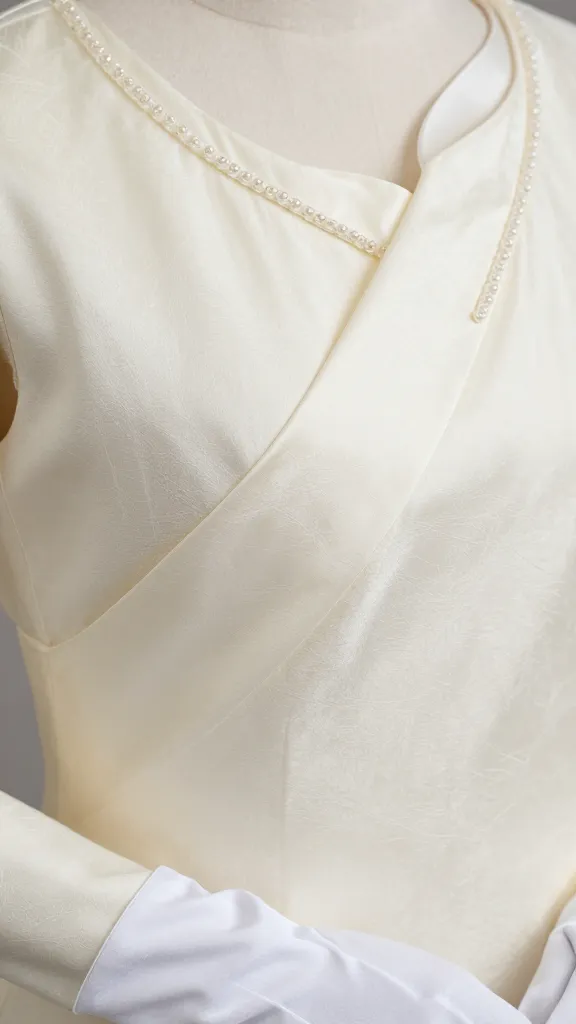 Close-up detail shot of luxurious fabric: ivory mikado with a gentle sheen, delicate satin accents, and fine, shimmering beading along a curved neckline, held by gloved hands to emphasize elegance and modesty.