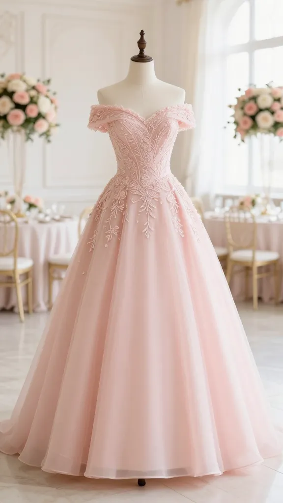 A modern twist on tradition: a blush pink ballgown with a full skirt, covered shoulders, and fine embroidery along the bodice, standing in a sunlit ballroom with pastel floral decor.