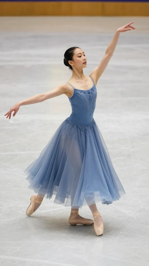 A graceful debutante in a dusty blue ballgown with a modest bateau neckline, soft tulle overlay, and subtle sparkling embroidery, captured mid-glide across a marble floor.