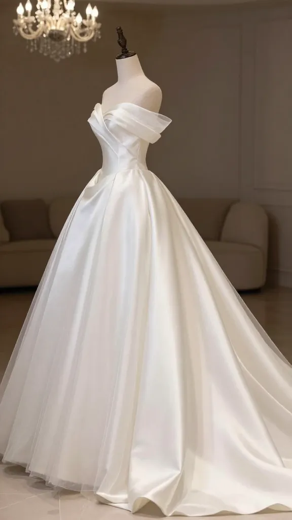 Side-profile shot of a ballgown in satin and tulle, with a dramatic yet tasteful train, delicate illusion sleeves, and a soft glow from chandeliers reflecting off the fabric.