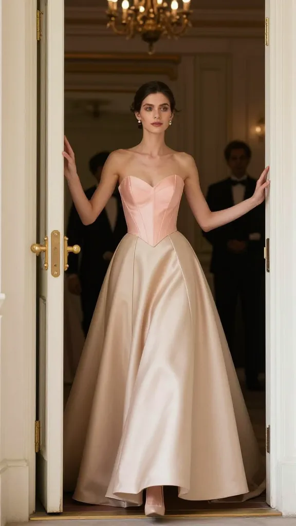 An editorial moment: a debutante stepping into a ballroom doorway, wearing a traditional silhouette with a contemporary color pop (e.g., blush bodice with a champagne skirt), capturing movement and anticipation.
