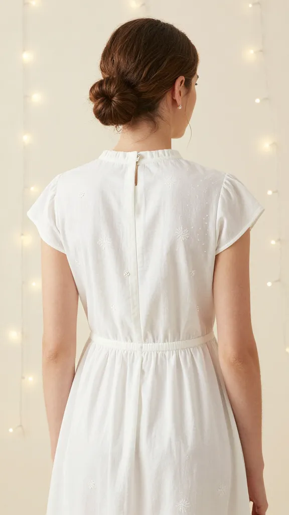 A whimsical detail shot: subtle beading and embroidery on the back of a modest dress with a high neckline, paired with a clean, classic bun and minimal jewelry, set against a backdrop of twinkling fairy lights.